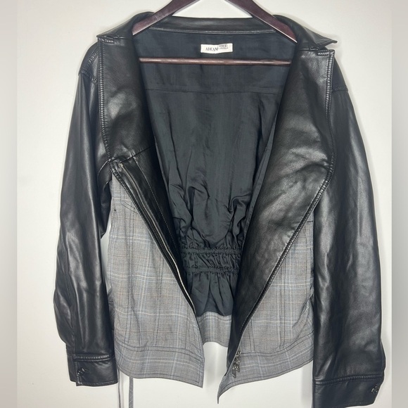 ADEAM Oversized Ruched Jacket Gray Plaid with faux Leather Sleeves - Picture 4 of 9